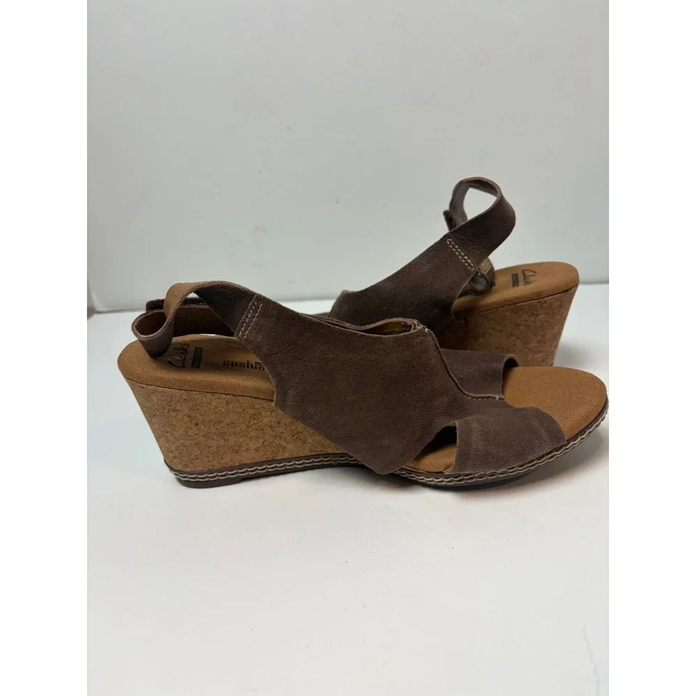 Clarks Collection Brown Suede Cork Wedge Sandals Slingback 26108746 Womens 9.5 M